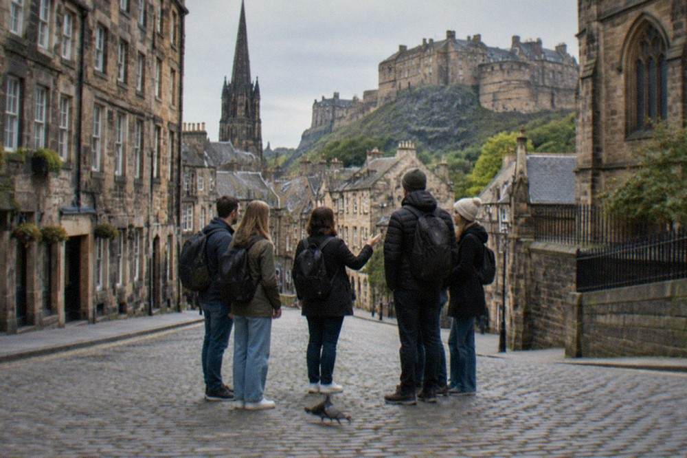 Cobbled Royal Mile street with old stone buildings on both sides