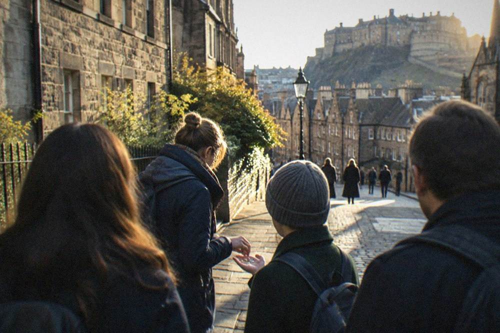 A guide with a small group gathered on a stone street in the Old Town