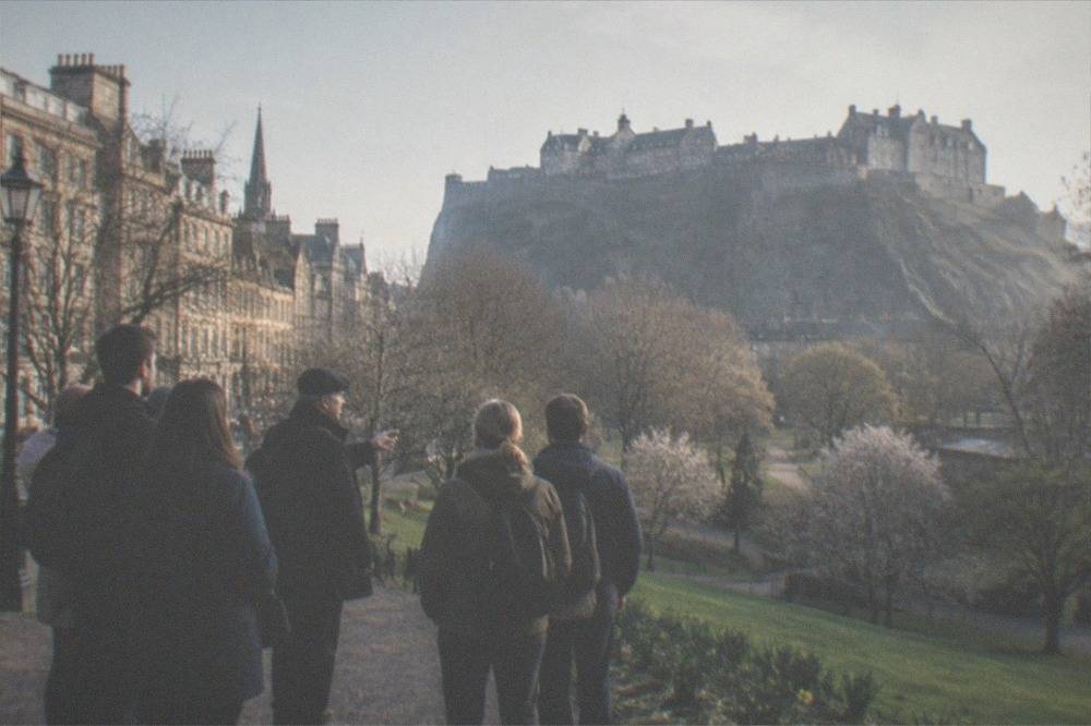 Princes Street Gardens with the castle rock rising above the city