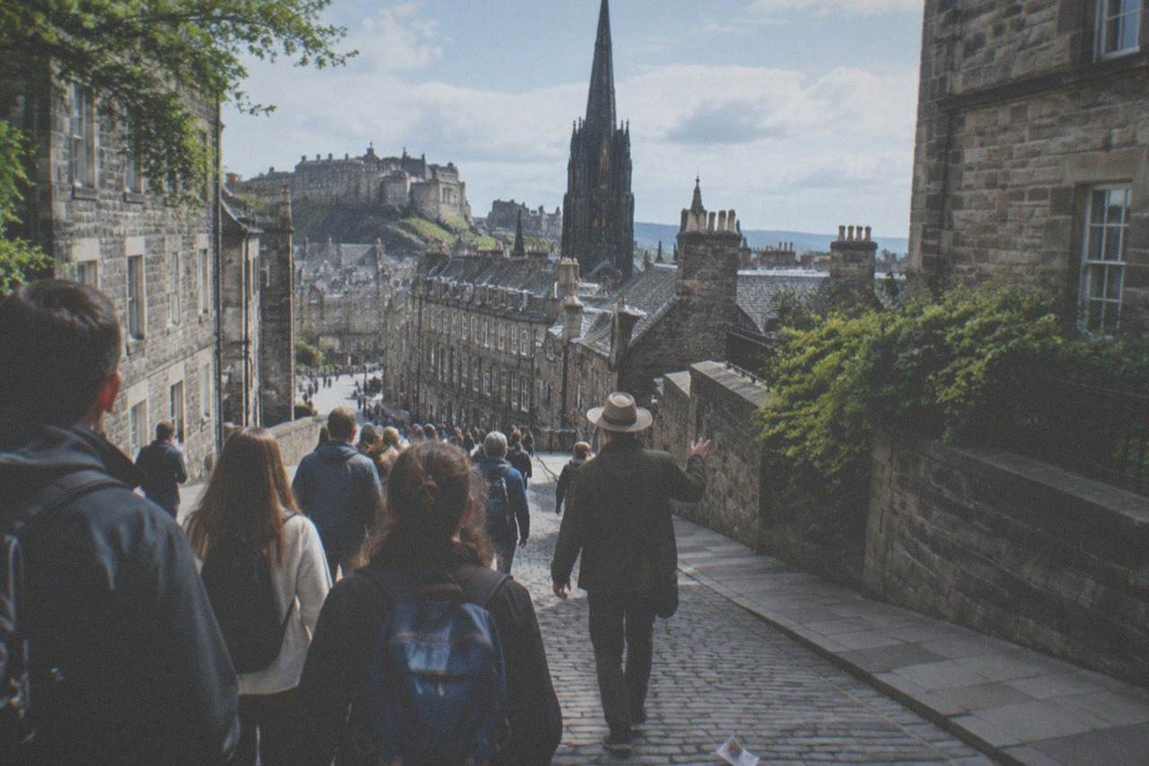 Edinburgh Old Town rooftops and a stone spire under a bright sky