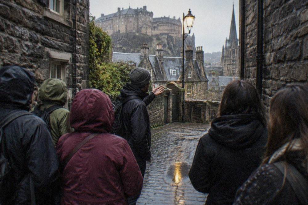 Rain-slicked cobblestone close in Edinburgh Old Town with stone walls on either side
