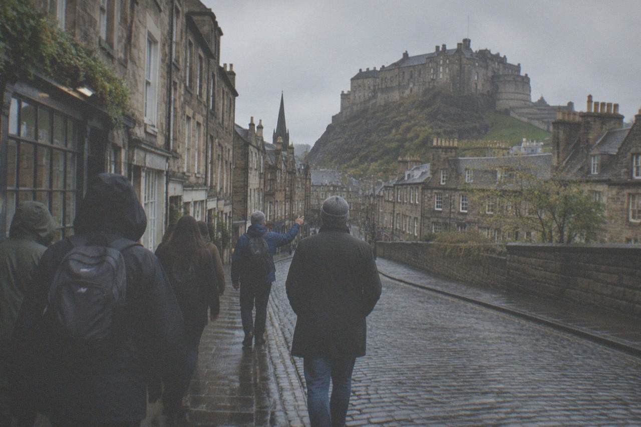 Cobbled street in Edinburgh Old Town with historic stone buildings on a grey day