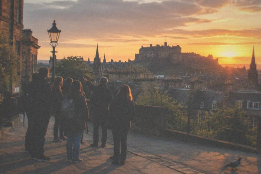 Sunset over the Edinburgh skyline with the castle silhouette and rooftops of the Old Town