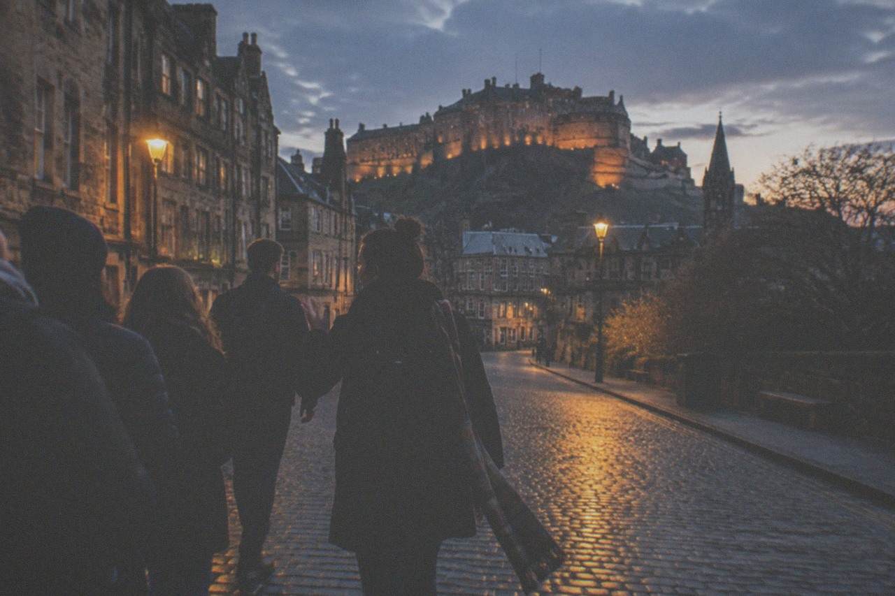Edinburgh Castle on its volcanic rock above the Old Town skyline at dusk