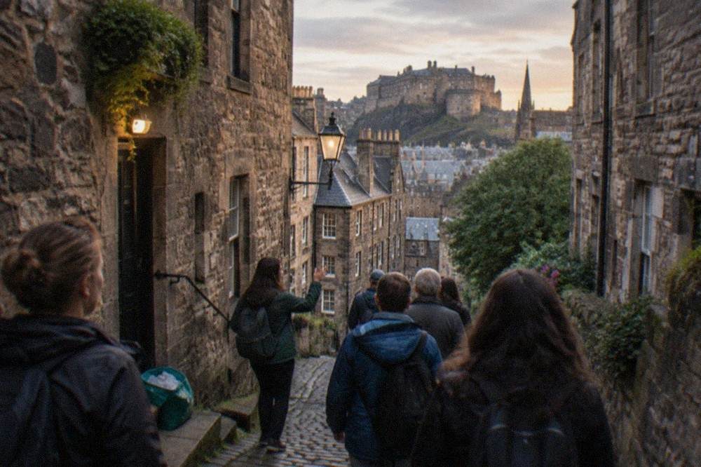 A cobbled close running downhill between tall old stone buildings in Edinburgh