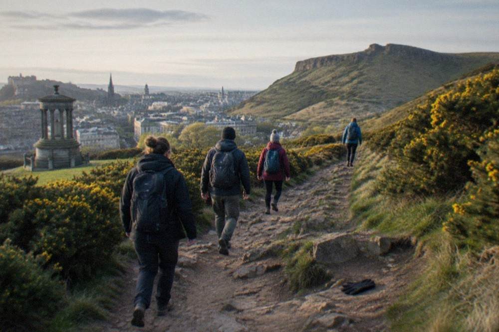 Stone path winding up through grass and gorse toward the rocky summit of Arthur's Seat