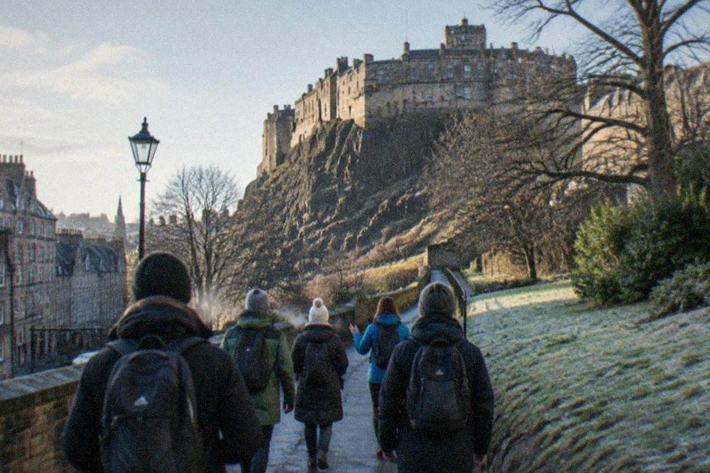 Castle esplanade and fortress walls seen from Princes Street Gardens below