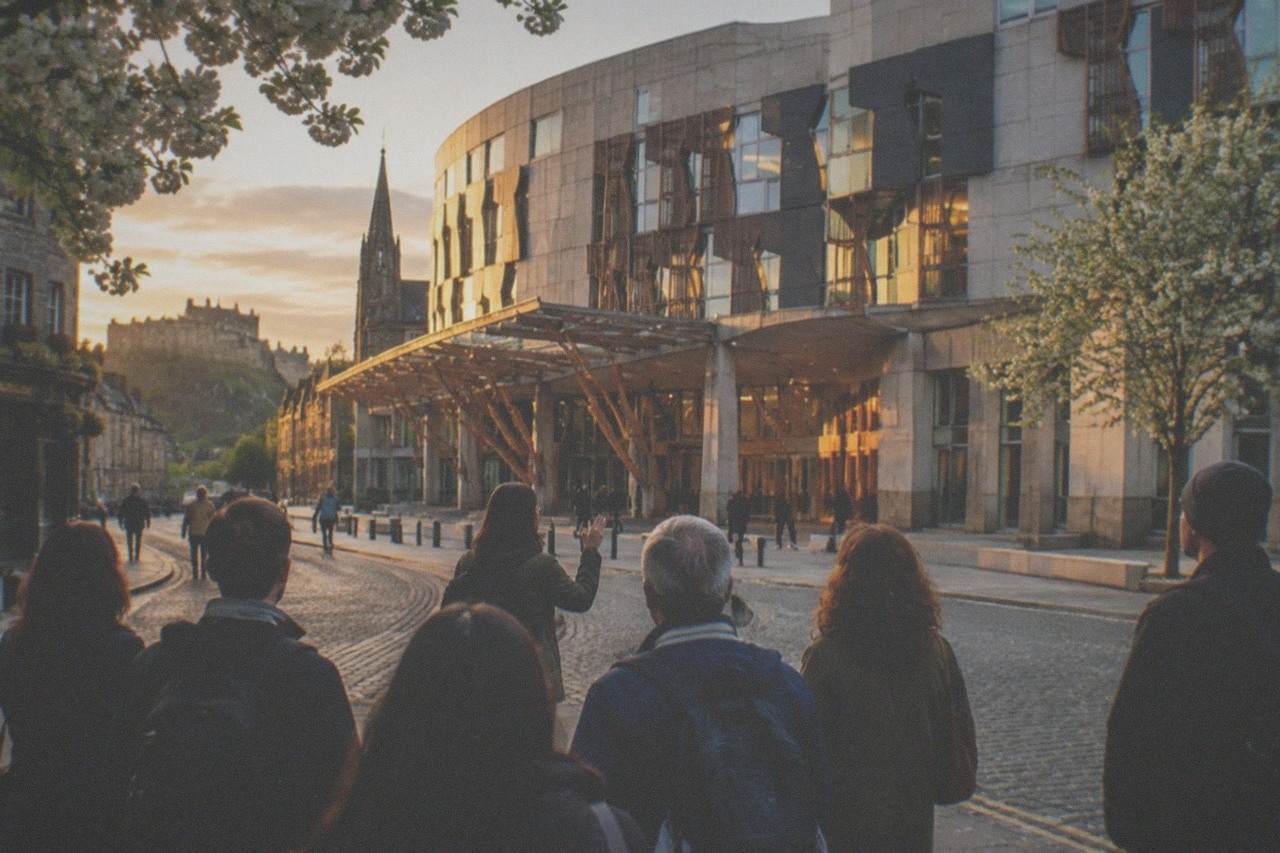 The Scottish Parliament building at Holyrood with its wooden beams and leaf-shaped extensions beside the pavement