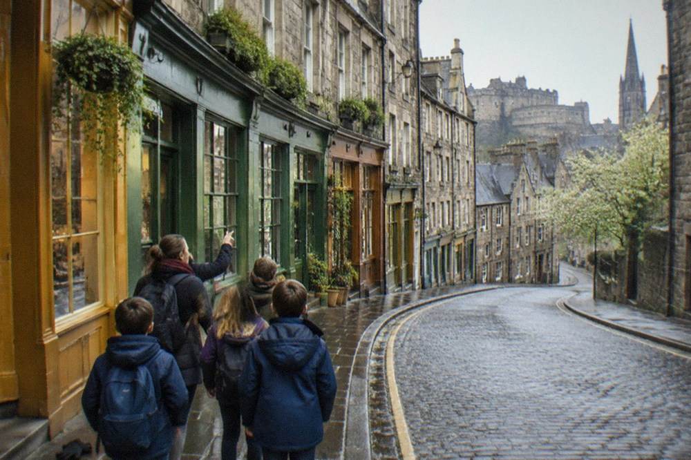 A curving street of colourful shopfronts in Edinburgh's Old Town on a quiet morning