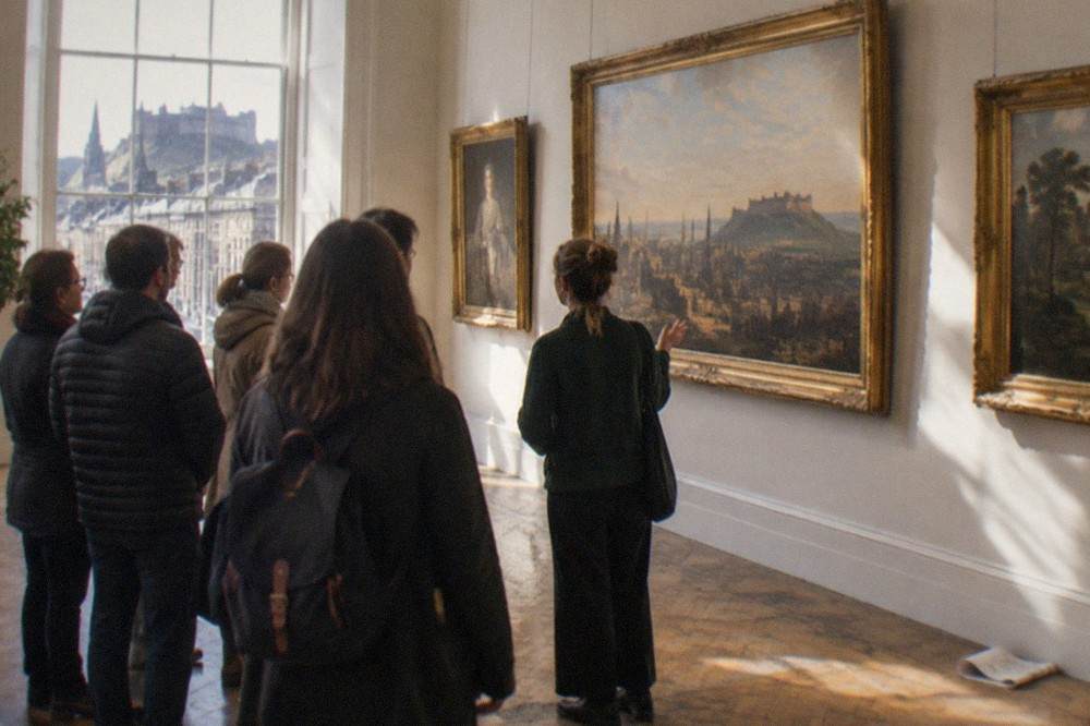 Sunlit gallery room with framed paintings hung on pale walls and wooden benches in the centre