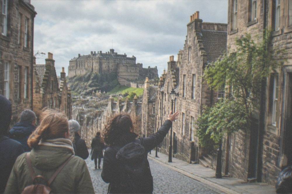 The Royal Mile sloping down from the castle with old stone buildings on both sides
