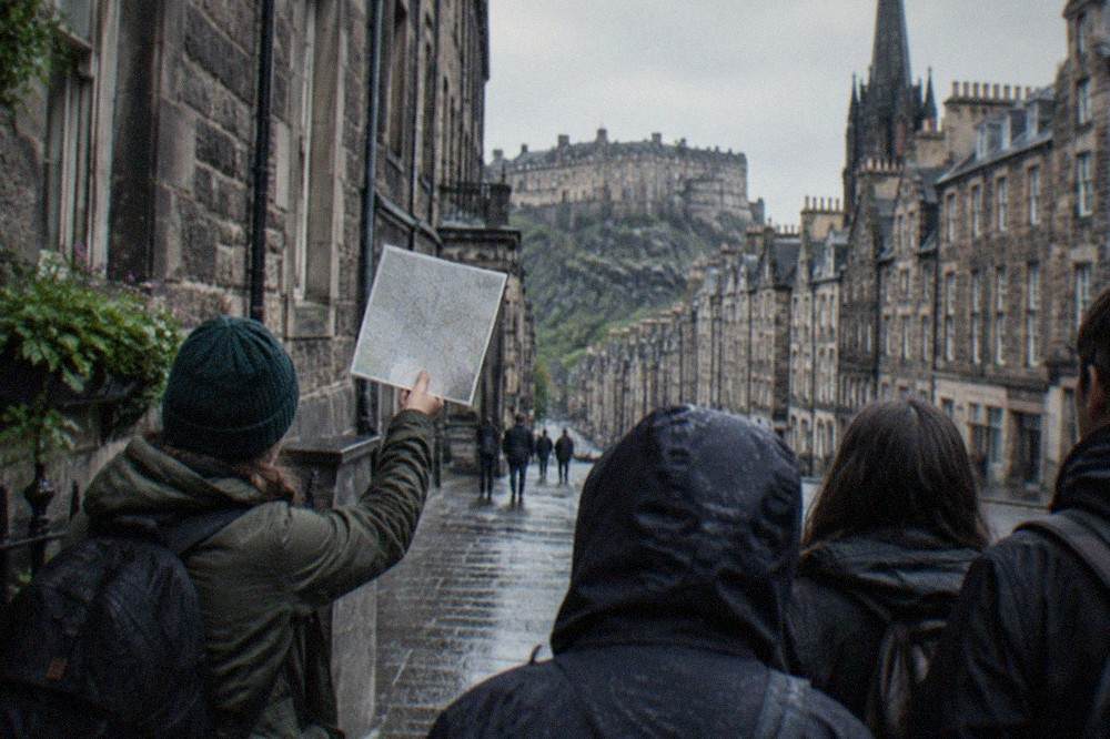 A tour guide holding up a hand-drawn route map while speaking to visitors on a narrow Edinburgh street