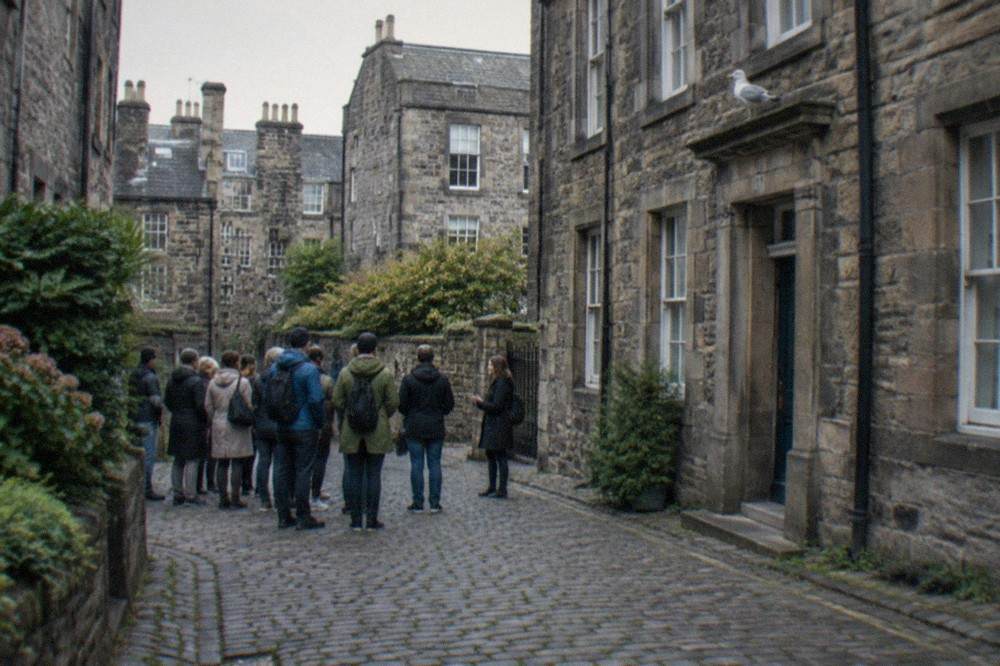 Cobbled close in Edinburgh's Old Town with tall stone tenements on both sides