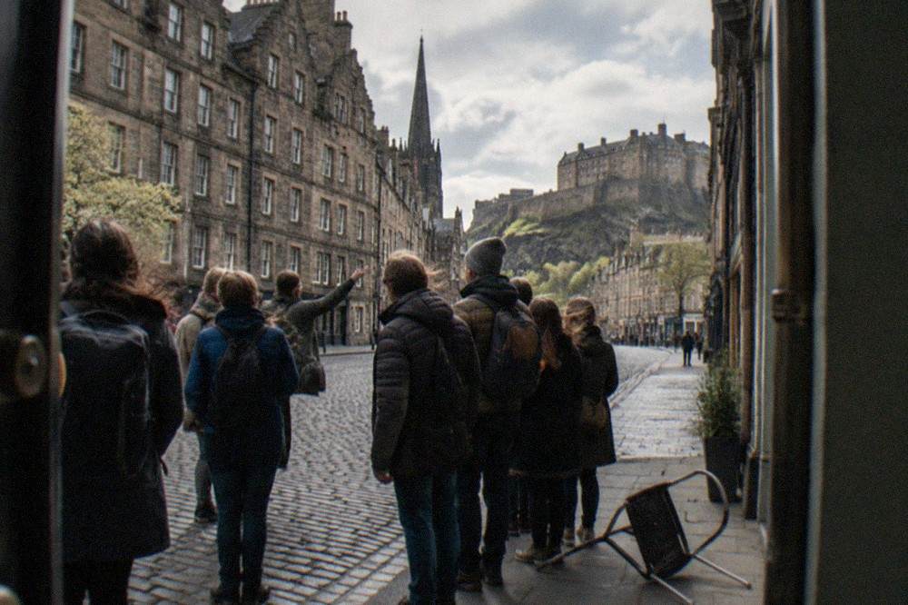 Cobbled Royal Mile street with tall stone tenements on both sides