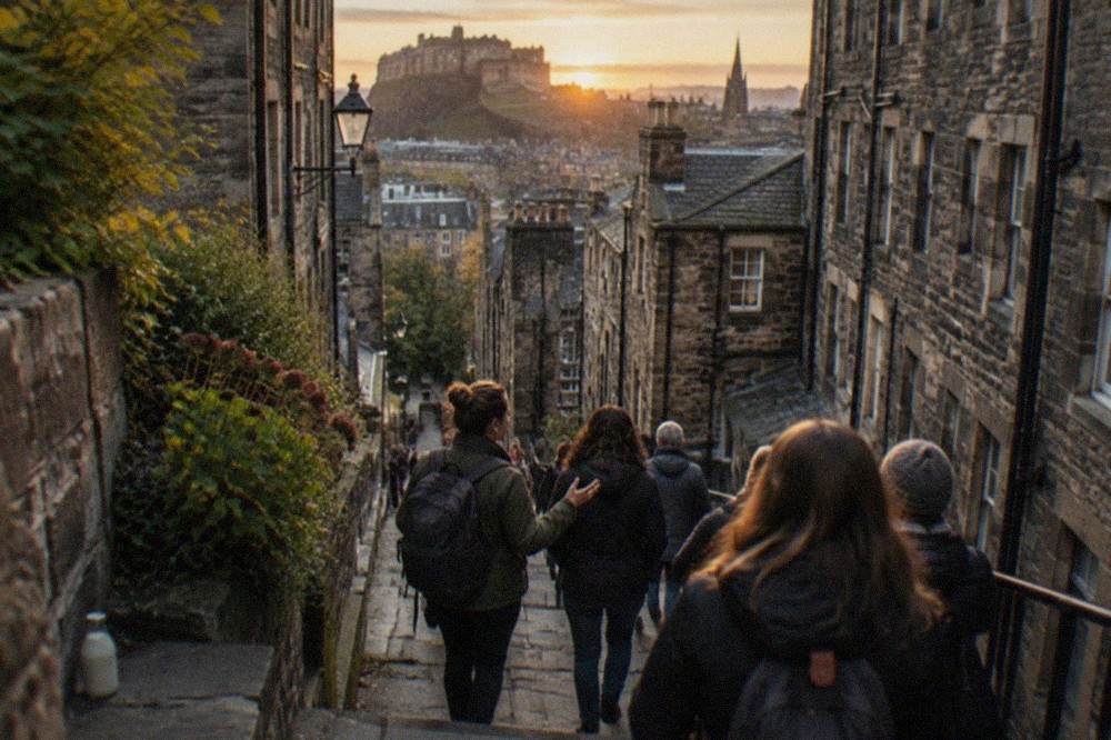 A steep narrow Edinburgh close with tall stone tenements rising on both sides