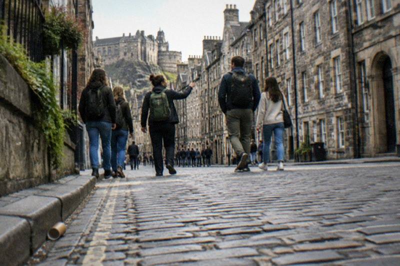 The Royal Mile in Edinburgh's Old Town in soft afternoon light, visitors scattered along the cobbled ridge between tall grey tenements and narrow old closes.