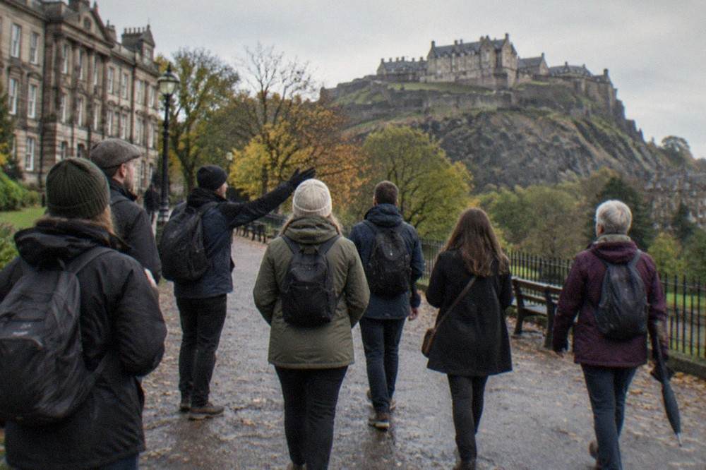 Princes Street with the castle rock rising above the gardens on a clear afternoon