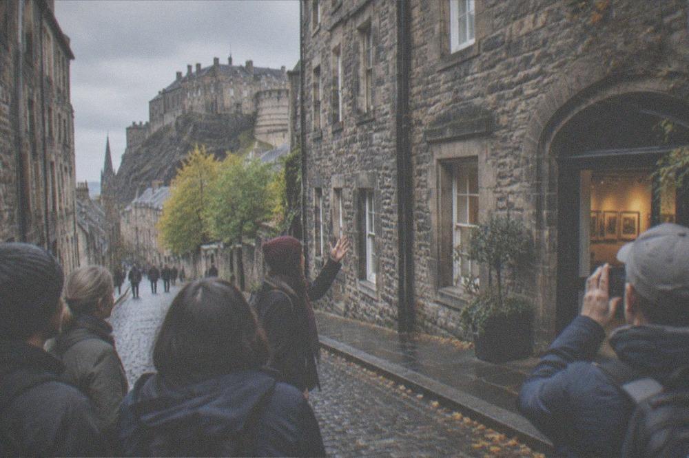 Old Town street with tall stone buildings and a gallery entrance sign