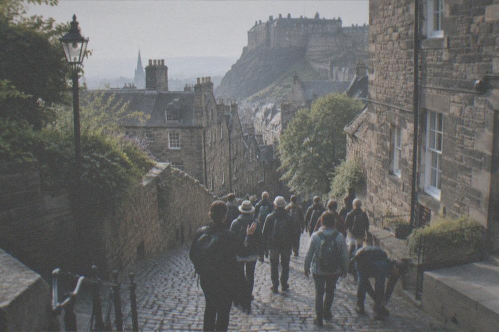 Cobbled street of tall old stone buildings curving downhill through the Old Town