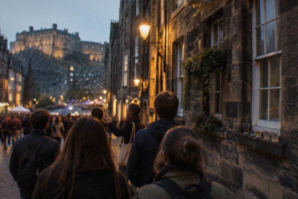 Festival crowds on a cobbled Edinburgh street lined with stone buildings