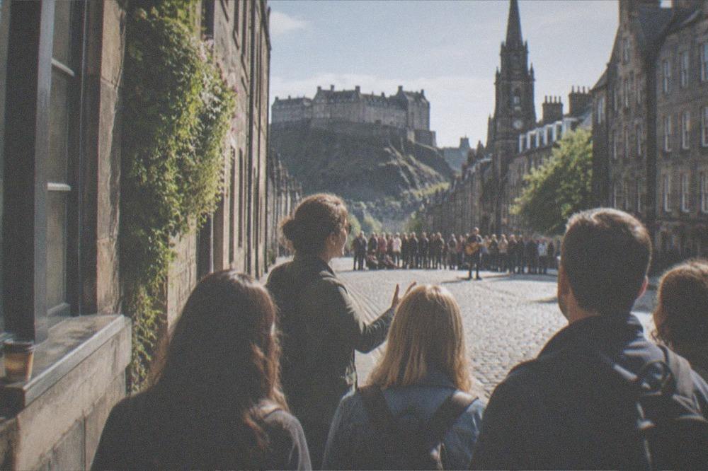 A busker performing to a crowd on a wide stone street in daylight