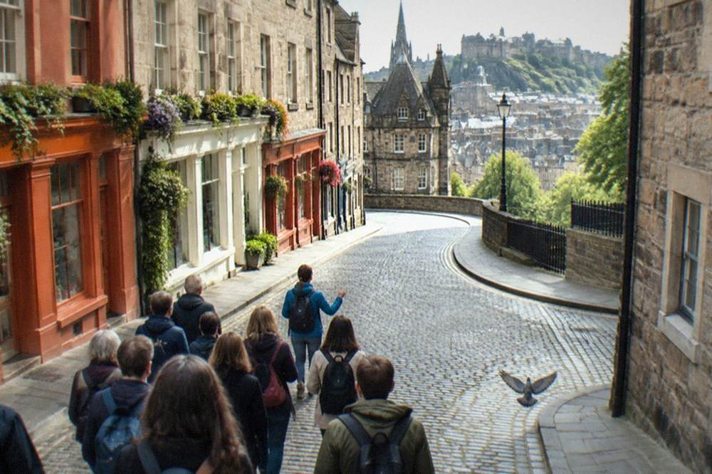 Victoria Street's curved row of colourful shopfronts rising toward the Grassmarket in Edinburgh