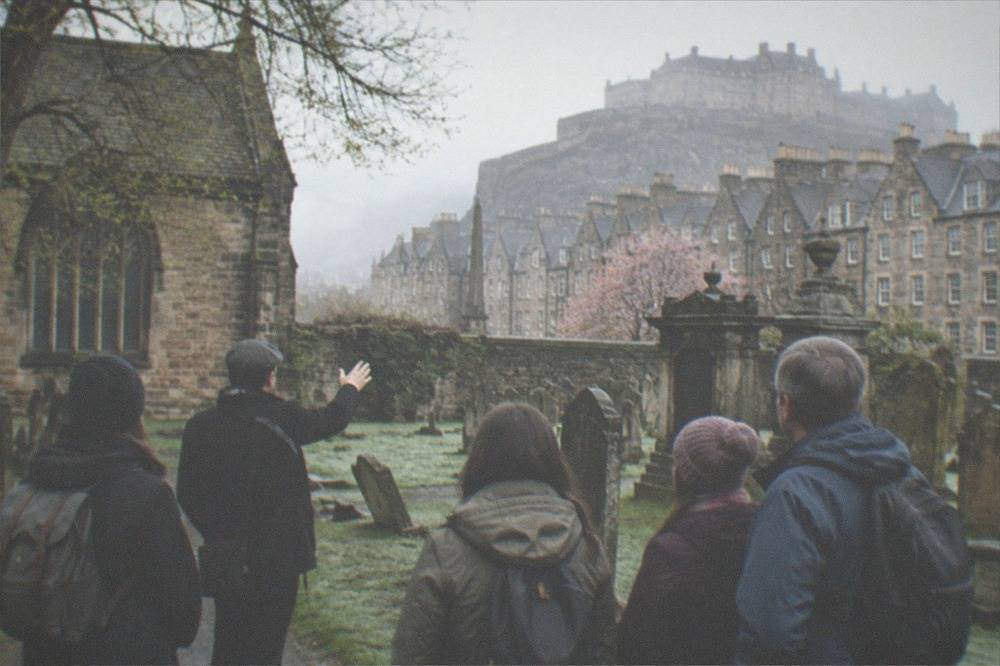 Old weathered gravestones in Greyfriars Kirkyard with Edinburgh tenement buildings behind the wall