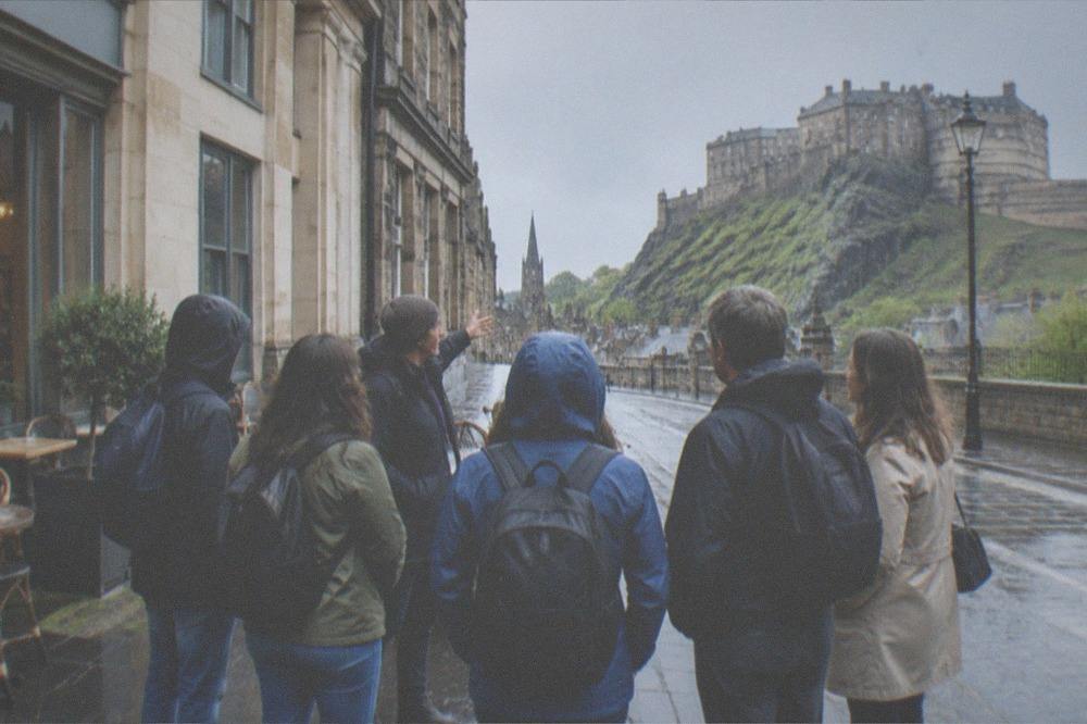 The frontage of a stone cafe building on George IV Bridge in Edinburgh