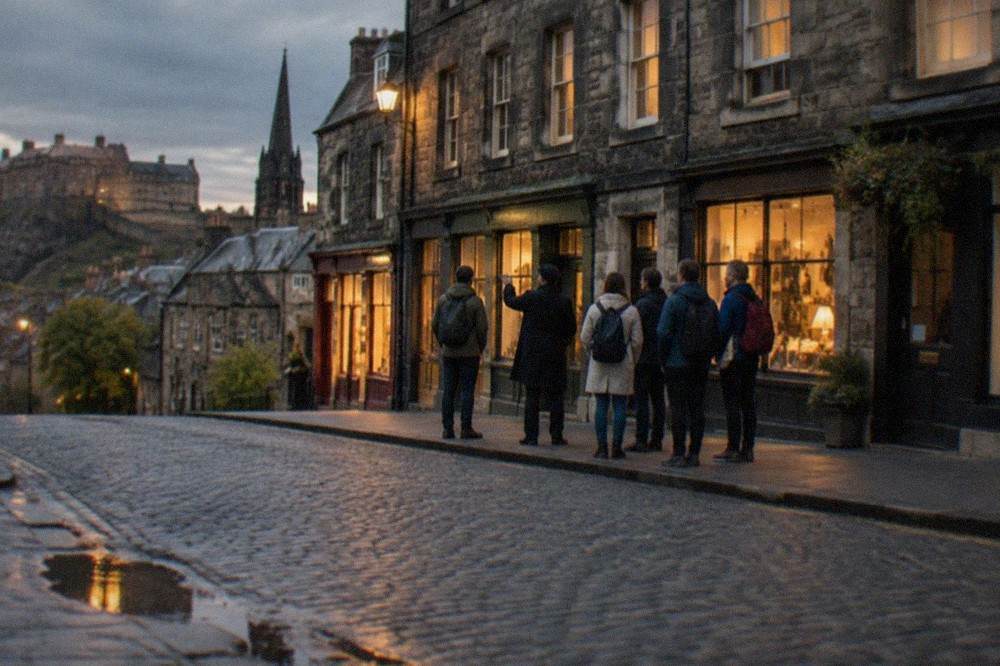 The Royal Mile at dusk with lit shopfronts and old stone buildings