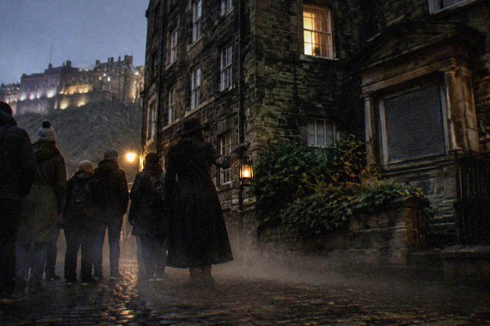 A narrow candlelit-style close between tall old stone buildings at night