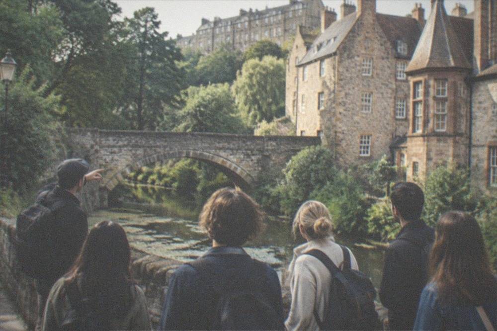 A stone bridge over a river in a wooded gorge with old cottages beside the water