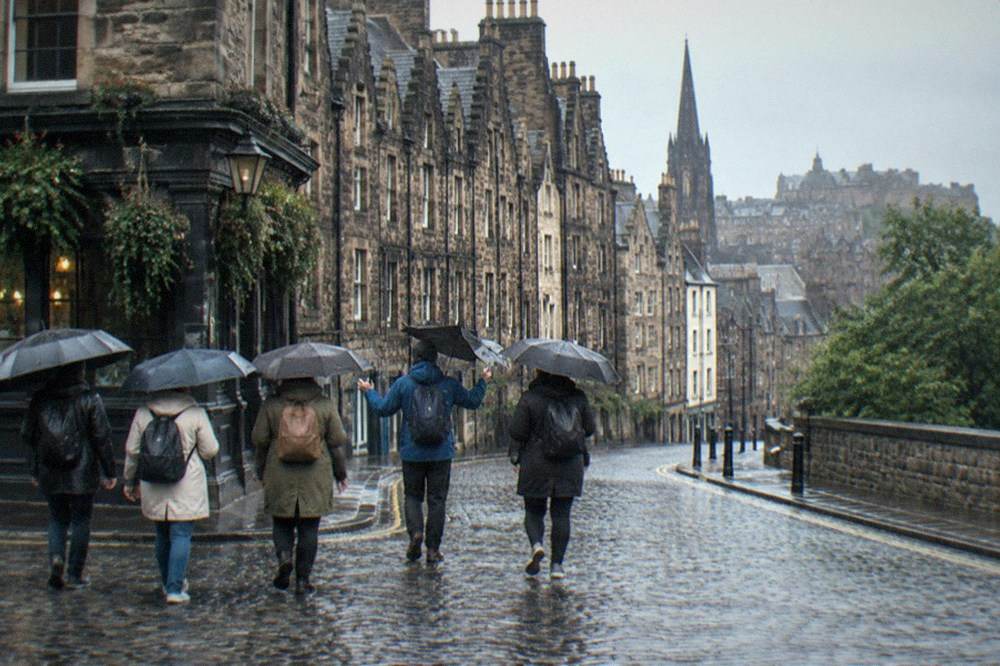 Group of walkers with umbrellas gathered on a rain-slicked Royal Mile street beside old stone buildings