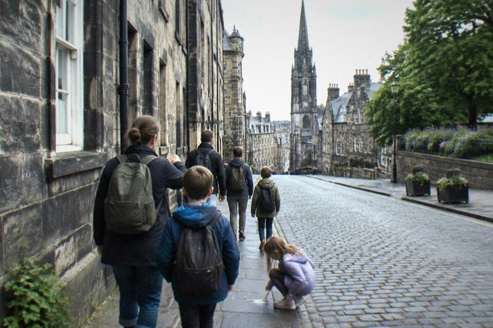 A historic cobblestone street with tall stone buildings and a church spire ahead