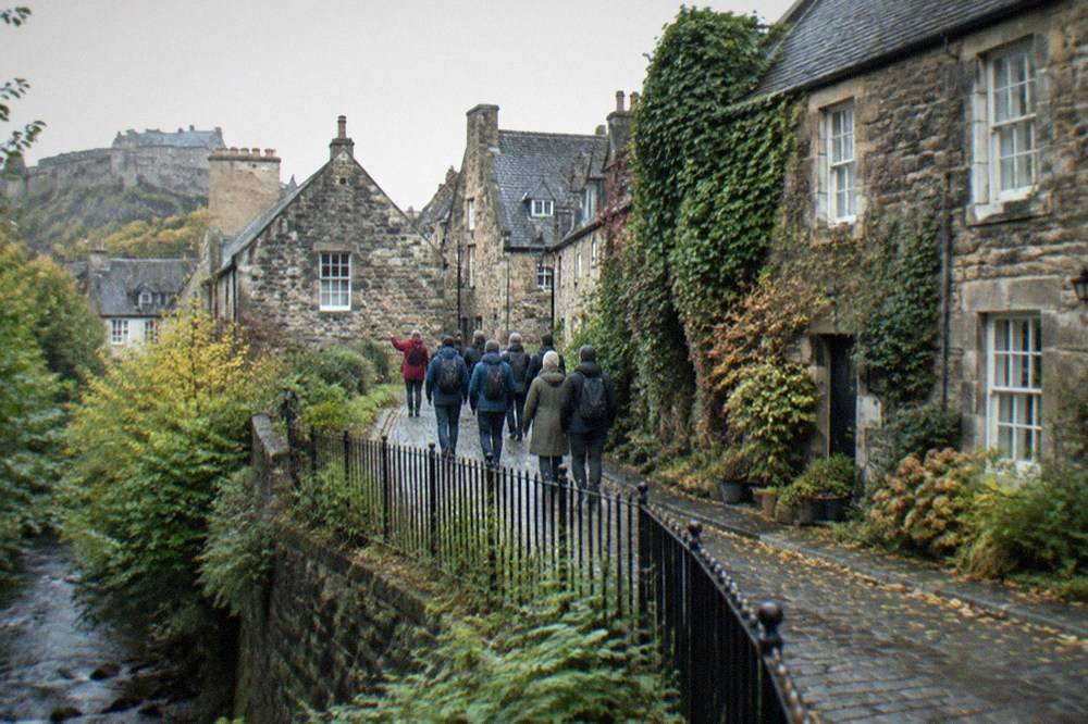Cobbled lane of small stone houses beside a stone bridge over a river in Dean Village