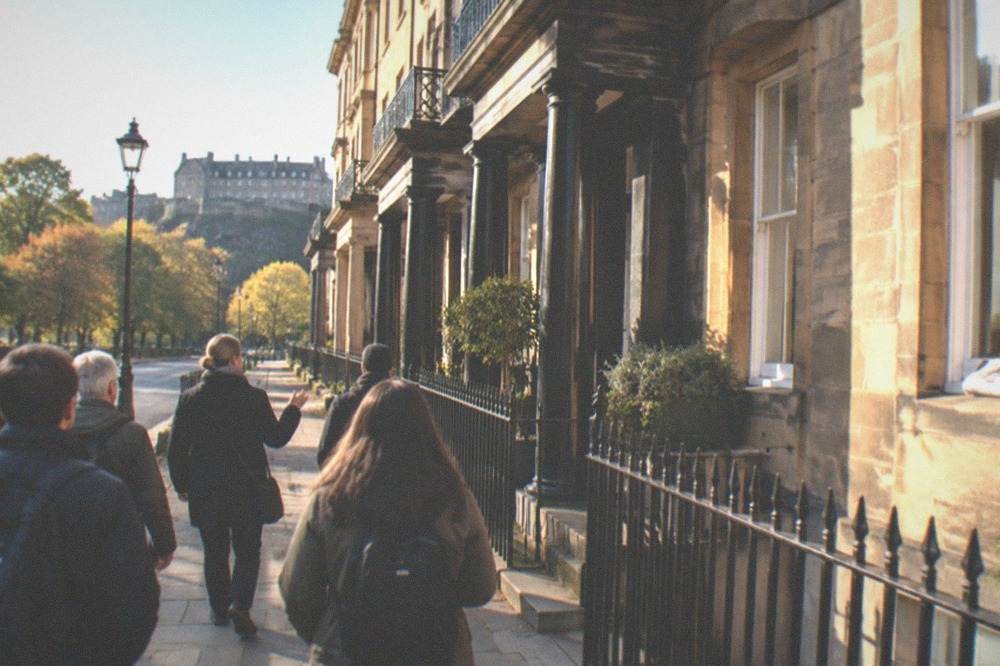 Row of tall Georgian townhouses with columned doorways along a quiet Edinburgh street