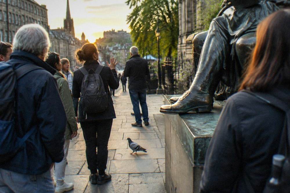 Statue on the Royal Mile with old stone buildings behind it