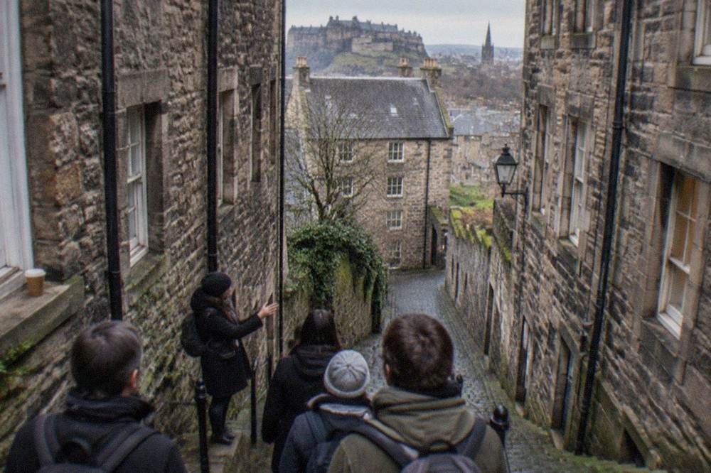 Narrow cobbled close between tall stone buildings in the Old Town
