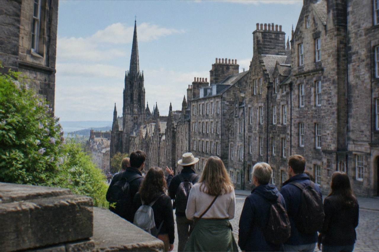A small group of walkers gathered around a guide near the top of the Royal Mile in Edinburgh, grey tenements and the crown spire of a medieval church rising behind them under a bright morning sky.
